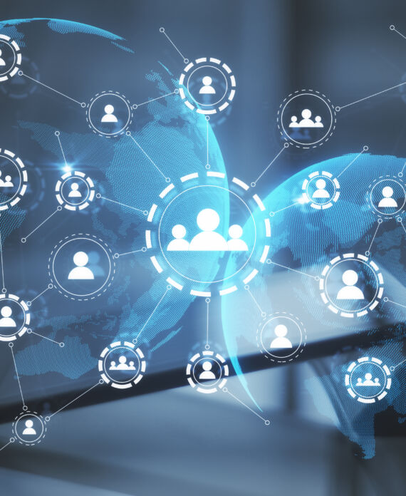 Multiple Application Hologram Icons With A Tablet In The Background, Social Media And Communication